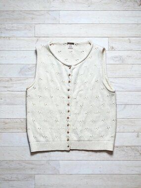 Magaschoni Ivory Pointelle Button Front Vest Medium 100% Cotton